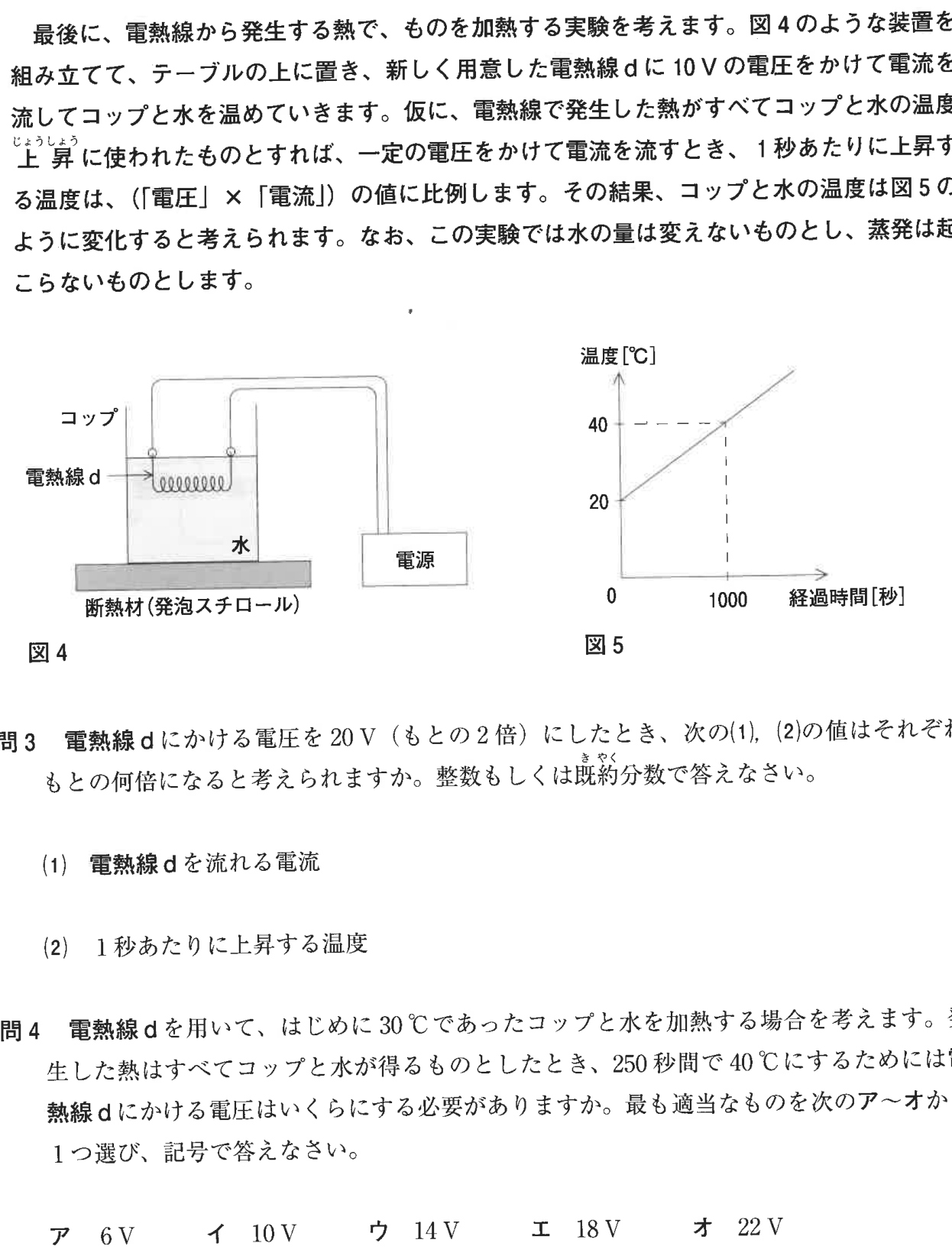 電熱線dでコップと水を加熱する装置の図4、温度と経過時間の関係を示す図5、および問3・問4