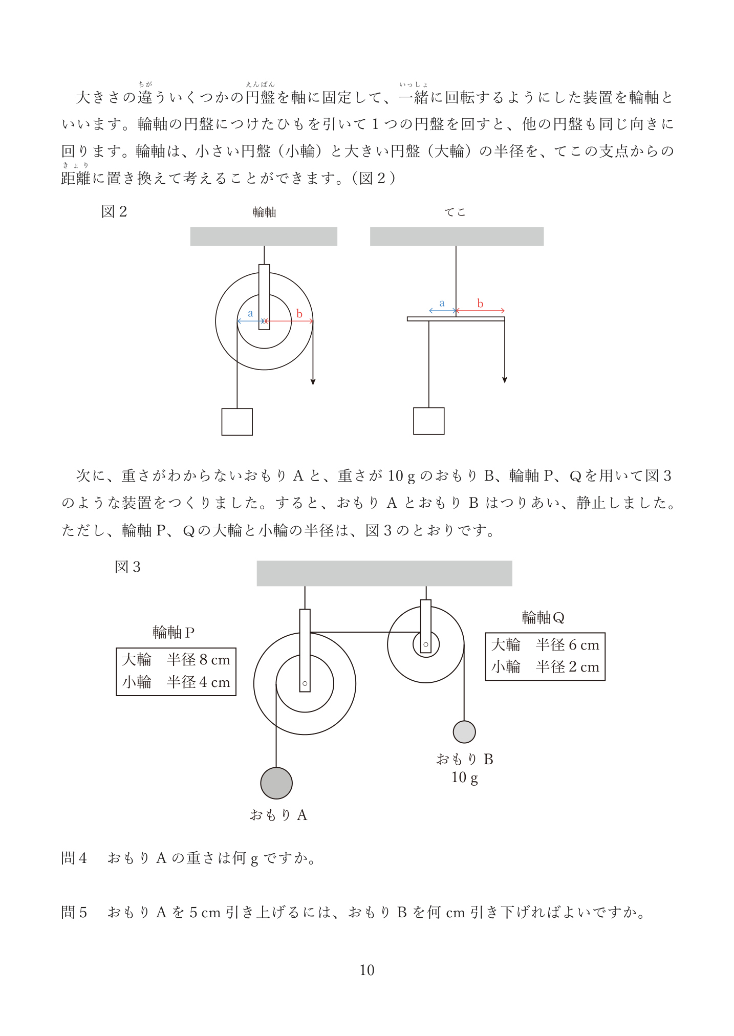 鴎友学園女子中学校2025年度第2回理科大問3の問4と問5。二つの輪軸の問題